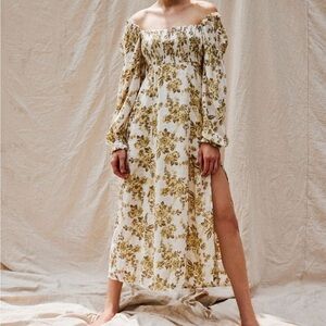 Free People Jaymes Midi Dress Pastry Cream Size XS Boho Milkmaid Smocked Floral